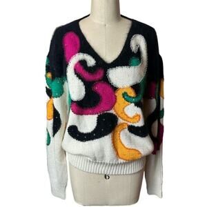 Vintage 80s Gizelle White Multicolor V-Neck Sweater Women's Size S